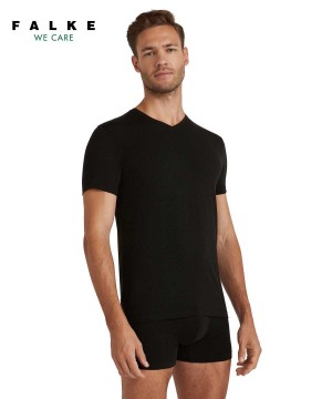 Pánské Košile S Krátkým Rukávem Falke T-Shirt V-neck Daily ClimaWool Černé | 9385QVDJZ