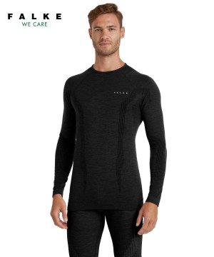 Pánské Long Sleeve T-Shirts Falke Long sleeve shirt Wool-Tech Černé | 6714VQKTE