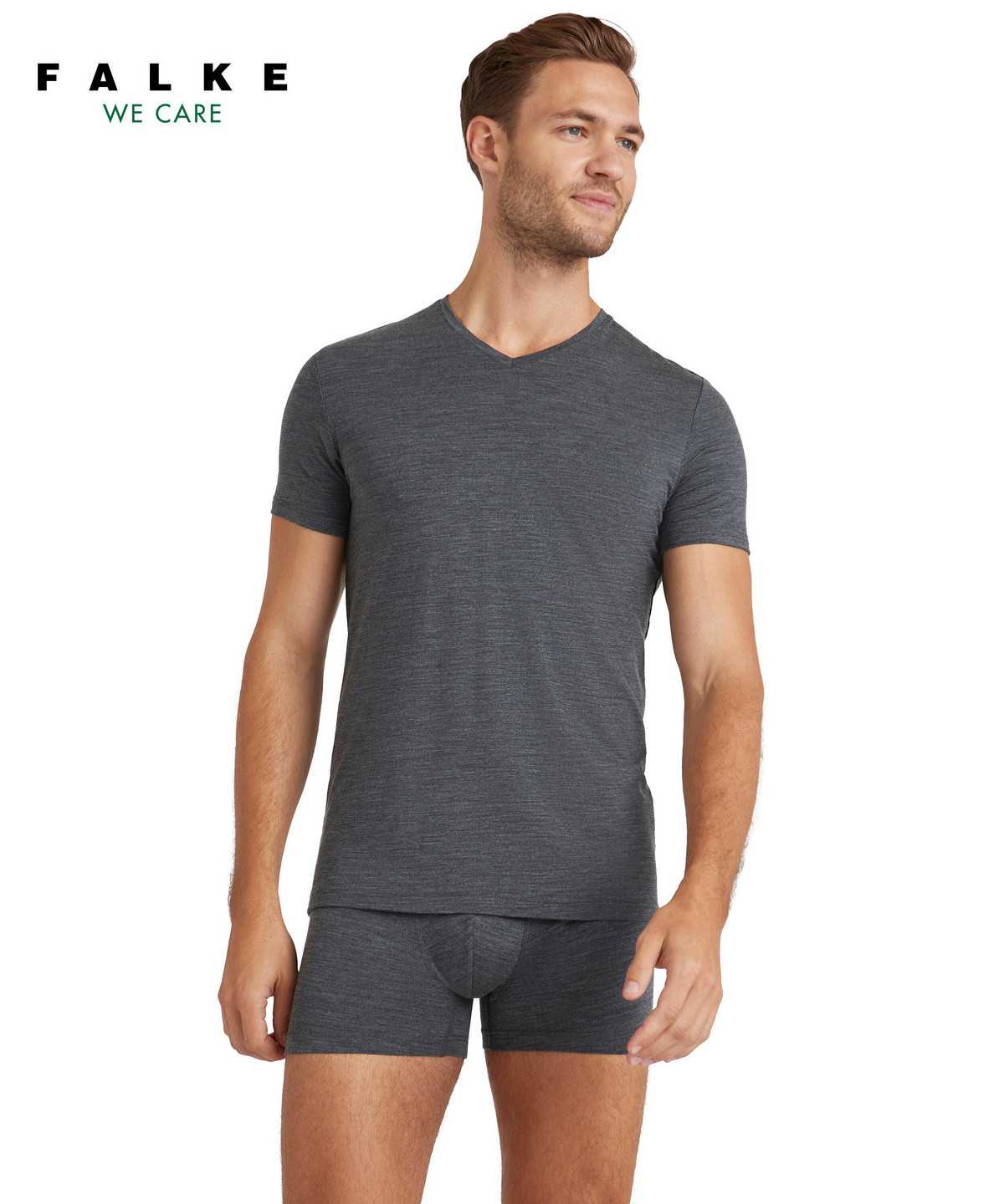 Pánské Košile S Krátkým Rukávem Falke T-Shirt V-neck Daily ClimaWool Šedé | 6510GMYTI